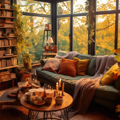 Gemütlich eingerichtetes Wohnzimmer im herbstlichen Licht