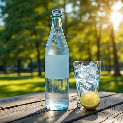 Flasche und Glas mit erfrischendem Mineralwasser auf einer Parkbank