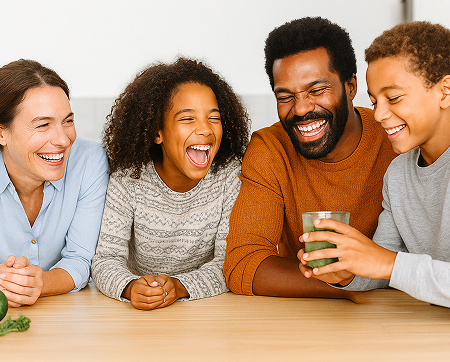 Fröhliche vierköpfige Familie trinkt einen Smoothie